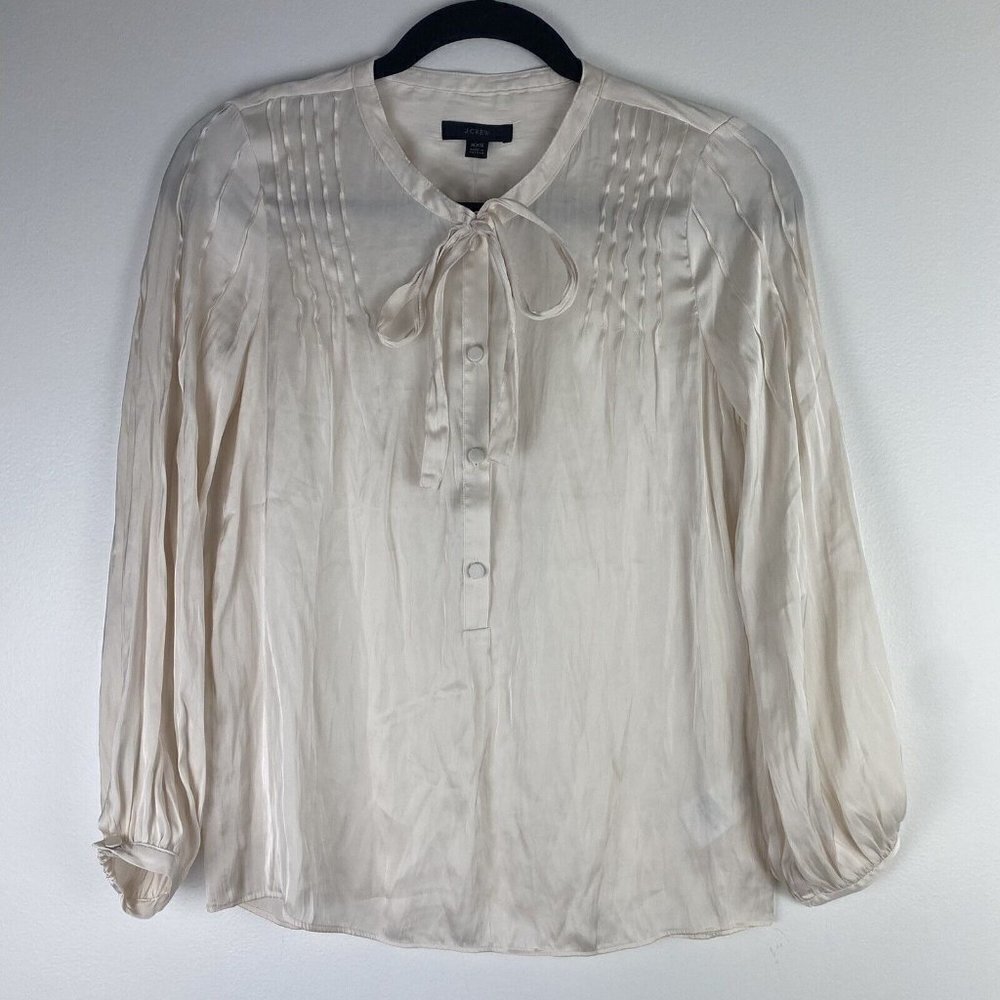 J. Crew Womens Satin Blouse Size XXS Cream Ivory Tie Front Long Sleeve Peasant